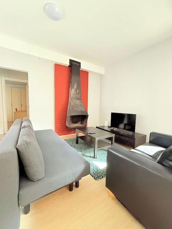Un salon moderne avec une cheminée, un canapé, un téléviseur et un plancher en bois.