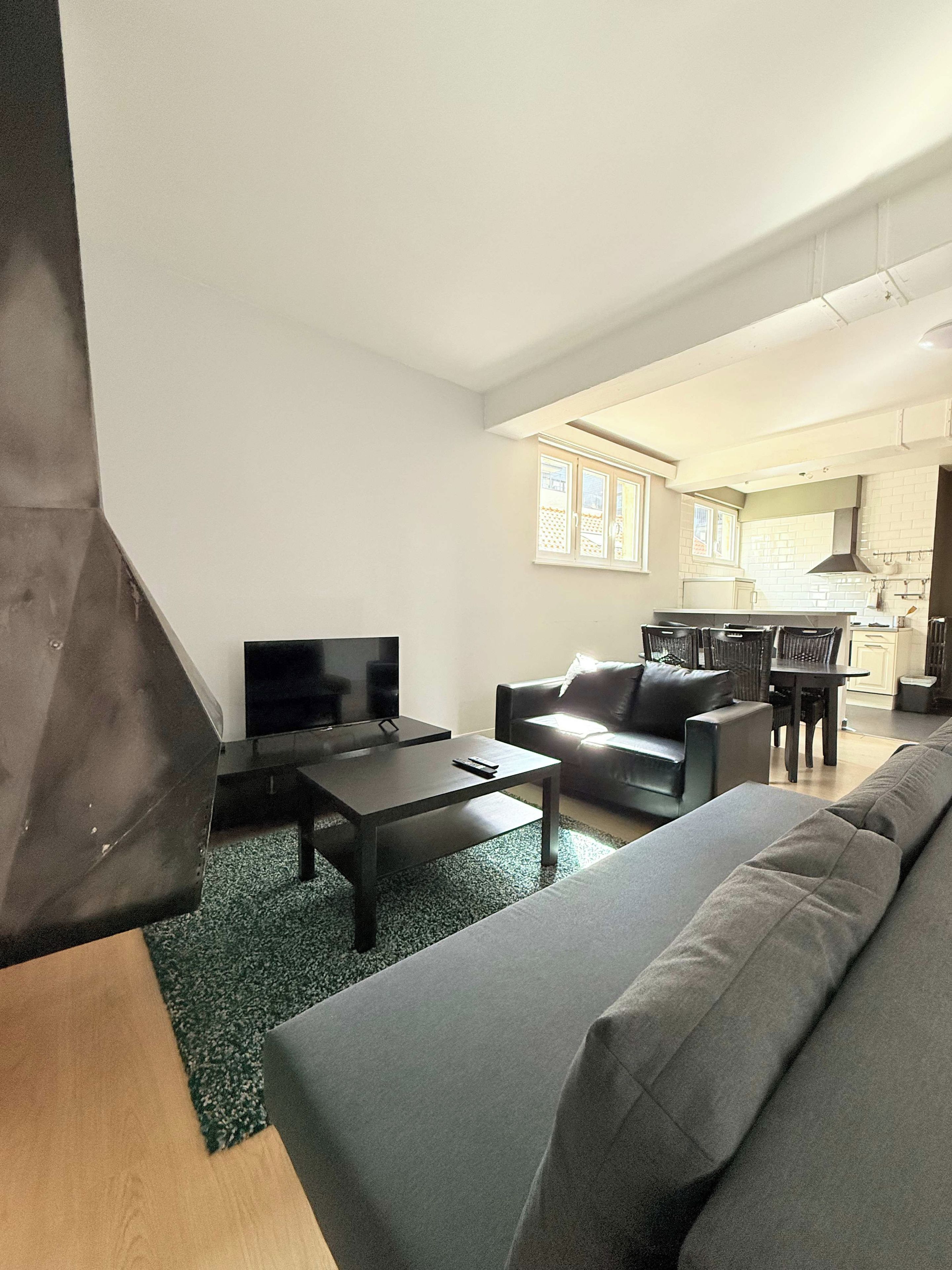 A modern living room with a sofa, a coffee table, and a TV. There is a dining area with a table and chairs.