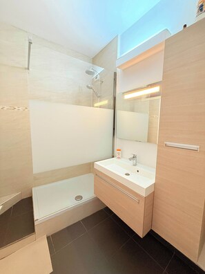 A modern bathroom with a shower, a sink, and a mirror. - Stay in the Heart of Brussels – Steps from Grand Place & Manneken Pis (Brussels)
