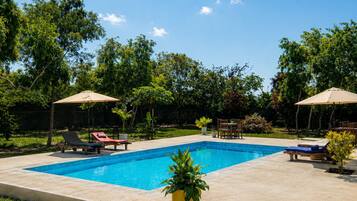 Una piscina rectangular con borde de hormigón, rodeada de césped y árboles.