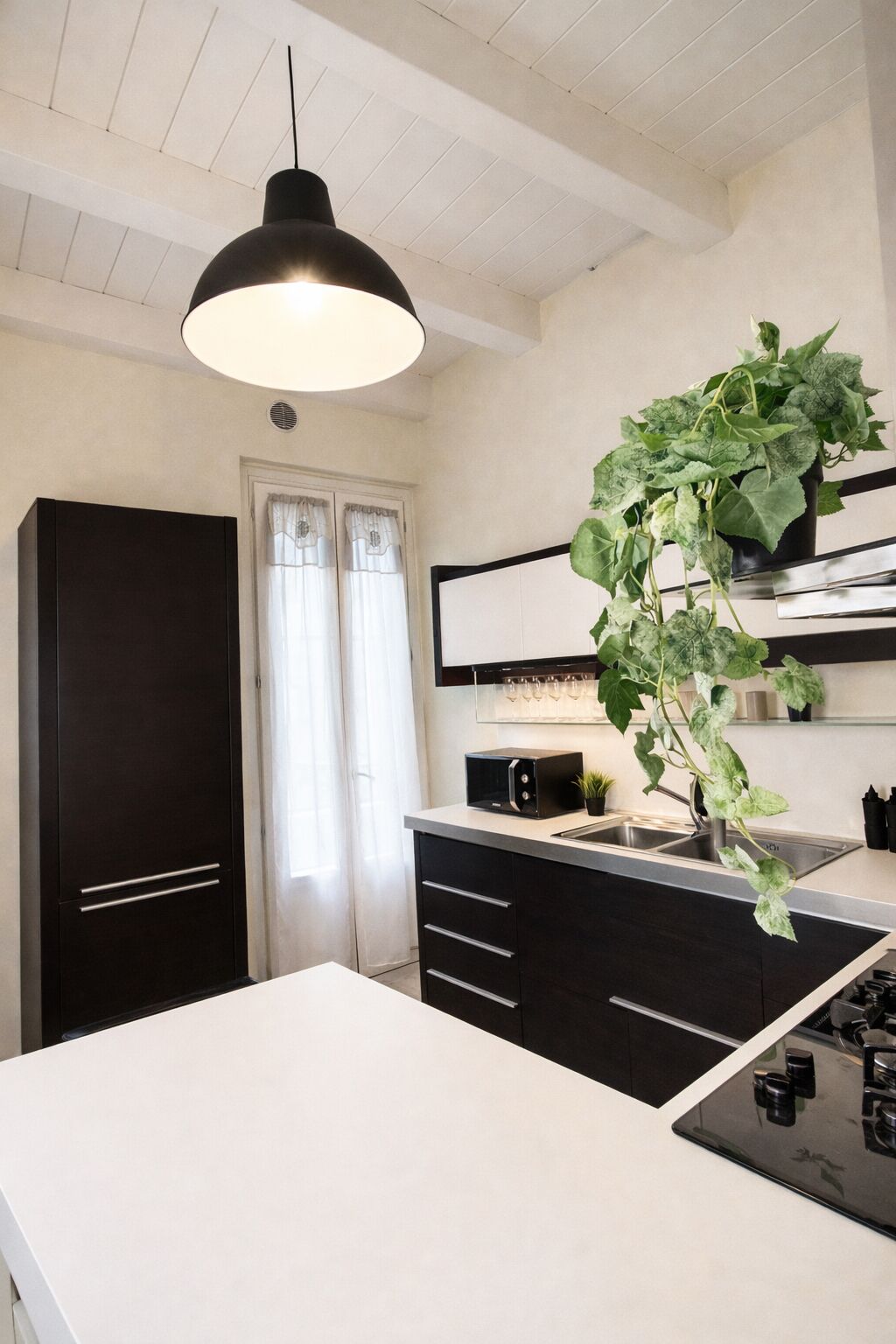 Une cuisine moderne dotée d’un grand îlot central, de meubles de rangement noirs et d’une plante suspendue.