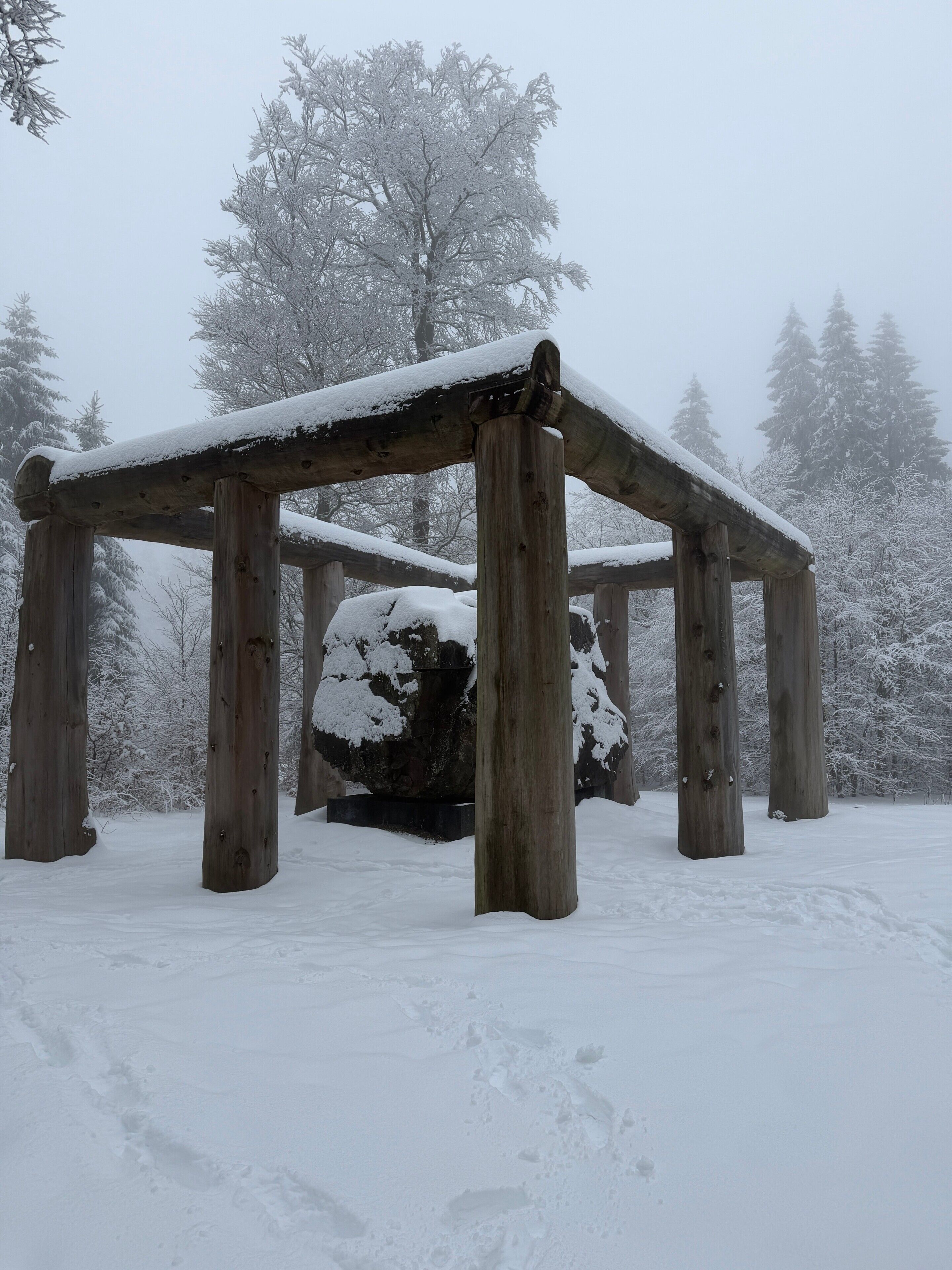 A wooden gazebo in a snowy landscape with trees in the background.