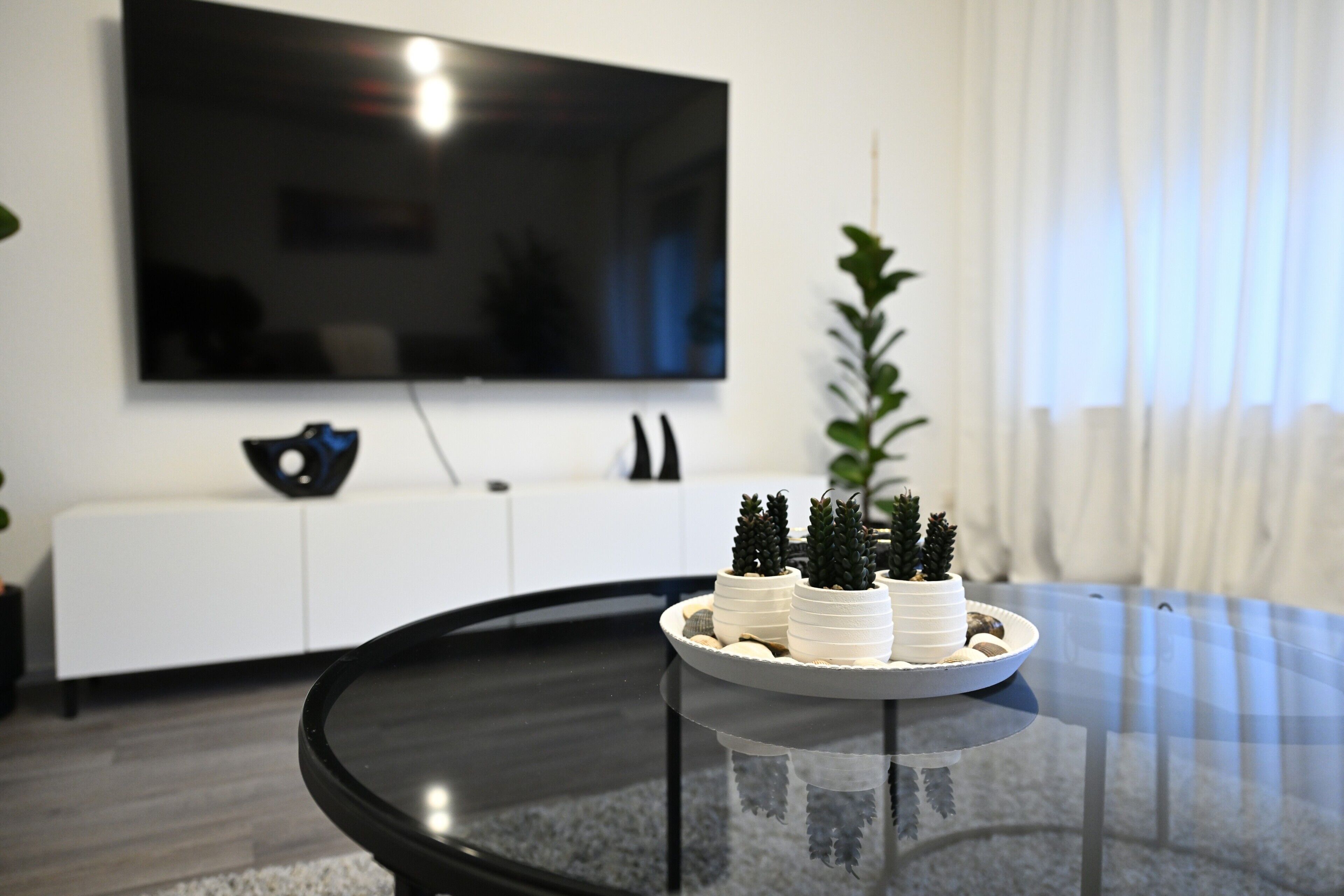 A modern living room with a glass coffee table, a flat-screen TV mounted on the wall, a white cabinet, and a potted plant.