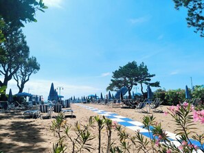 Ein Strand mit Liegestühlen und Sonnenschirmen, einem Schachbrettmuster-Weg und Bäumen.