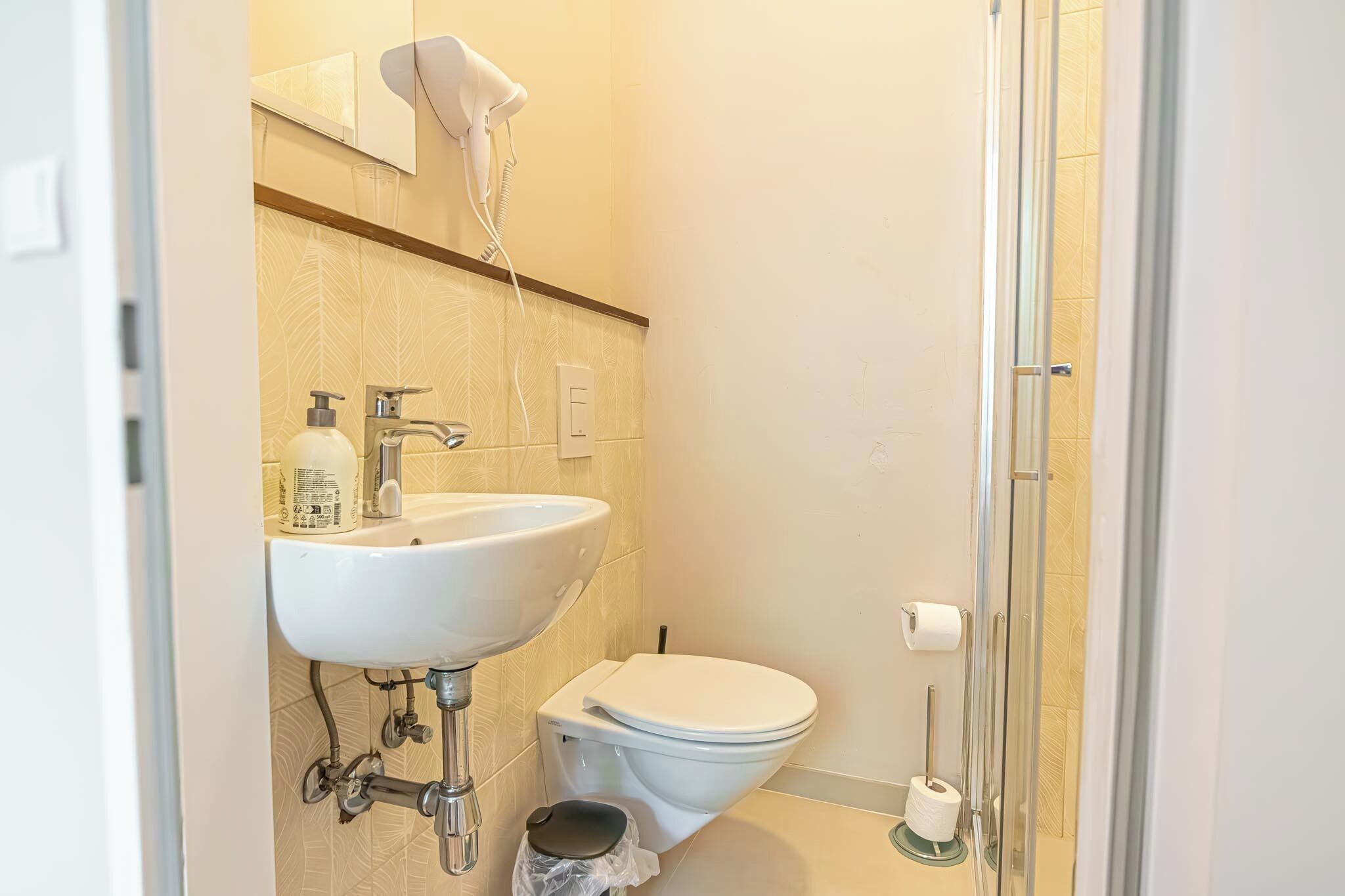 Apartamento básico | Baño | Ducha, artículos de higiene personal gratuitos y secador de pelo