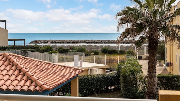 Vistes costaneres amb platja, una palmera i un edifici amb teulada de rajola.