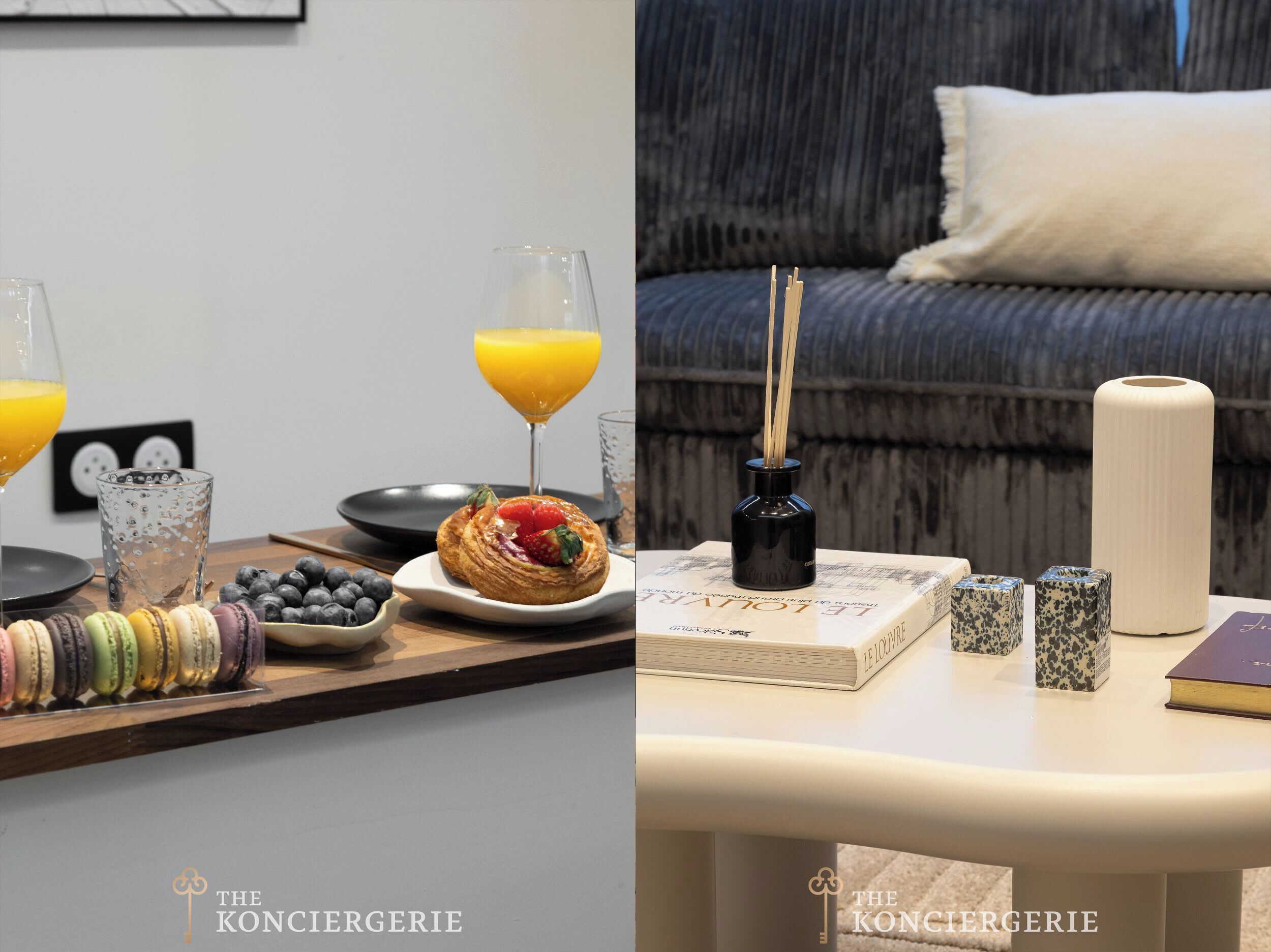 Ein Frühstücksbuffet mit Croissant, Saft und Macarons, sowie ein gemütlicher Wohnbereich mit Sofa, Büchern und dekorativen Vasen.