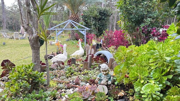 Un jardin avec différentes plantes, un jardinière faite d’un pneu et une statue représentant une figure.