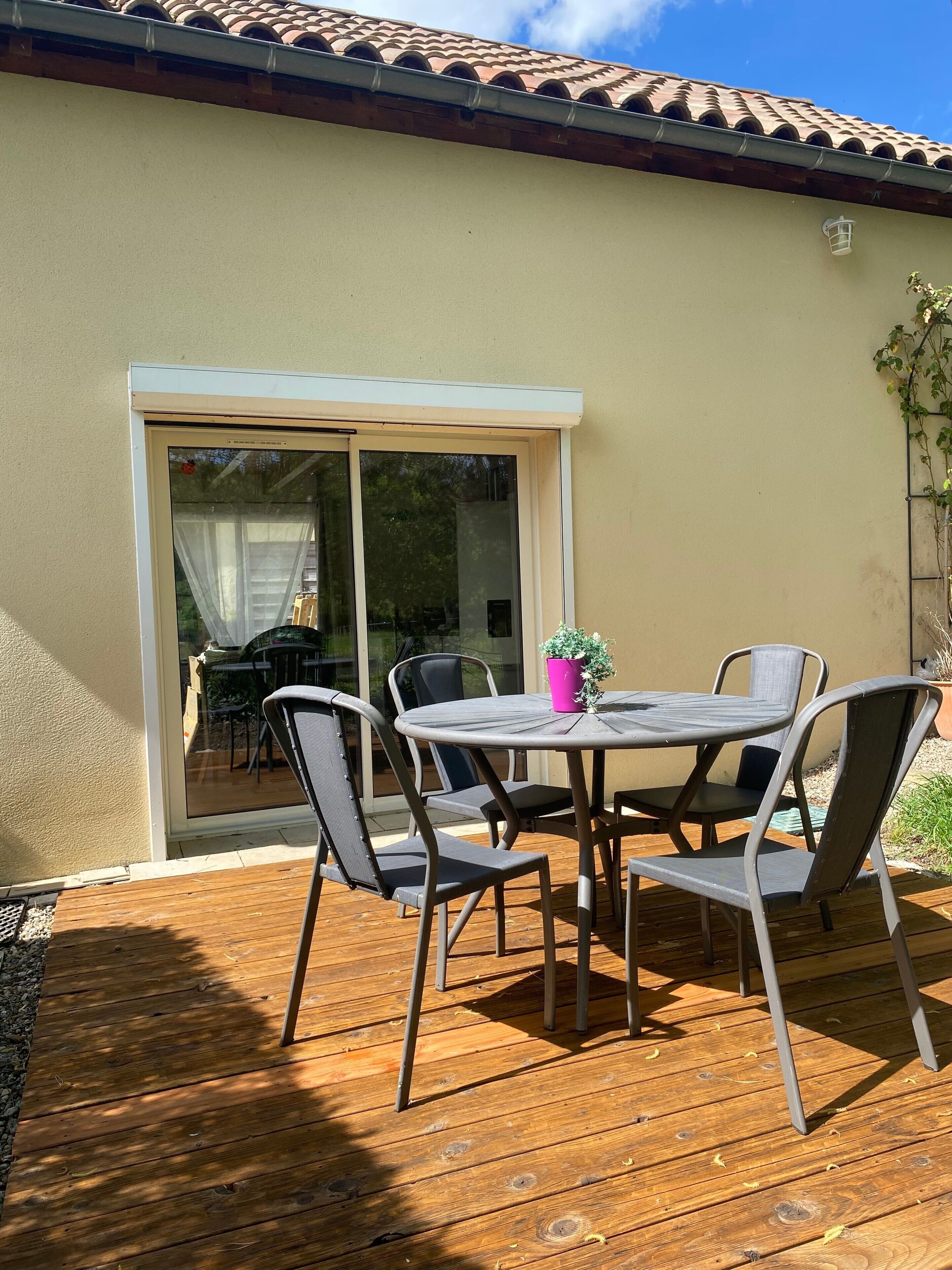 Un patio con una mesa, sillas, una puerta corrediza de vidrio y una planta en maceta.