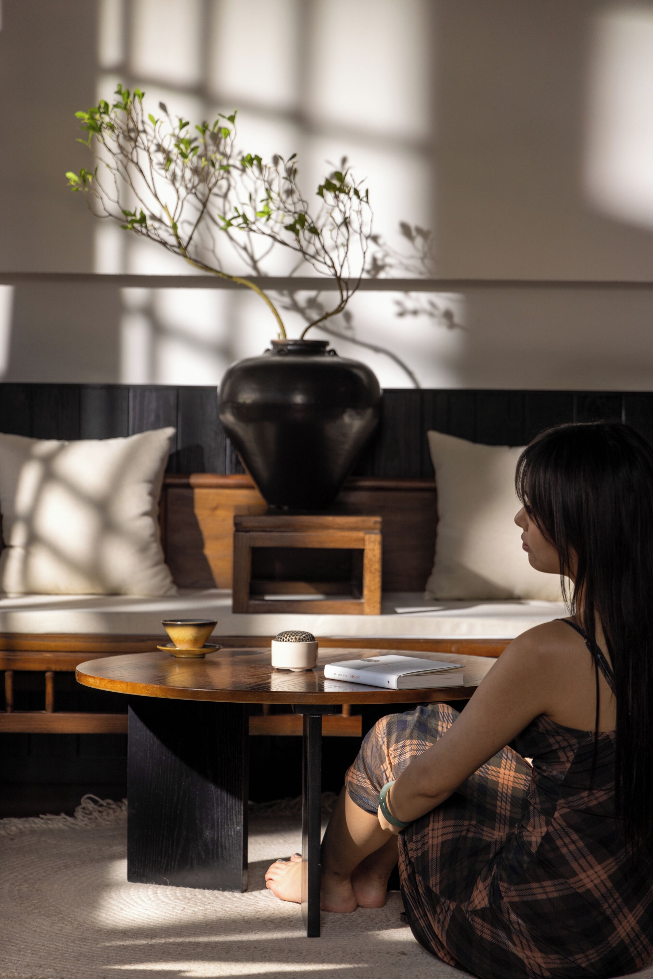 Una persona sentada en un sofá con una mesa frente a ella, un jarrón con ramas y una ventana que proyecta sombras.