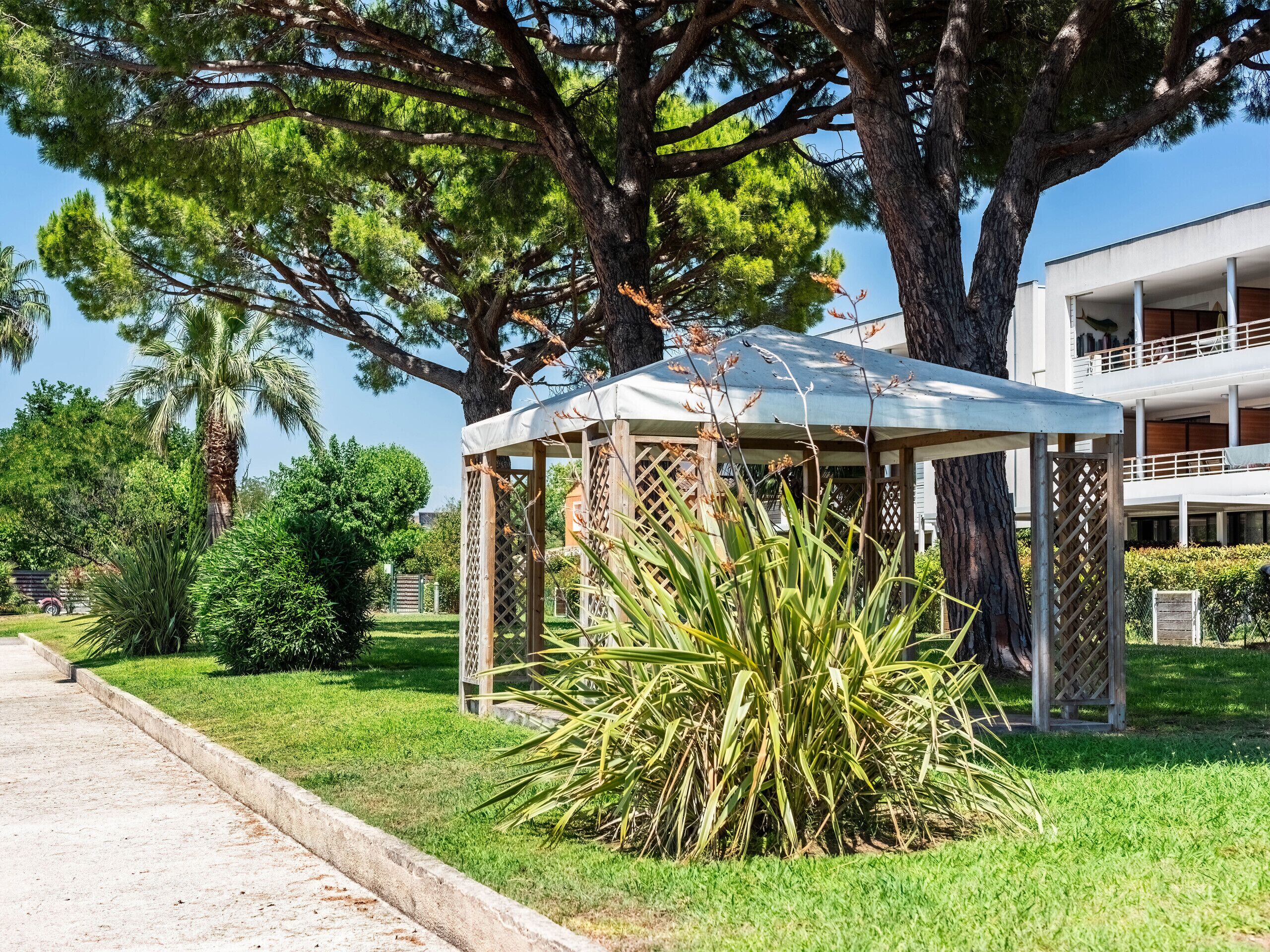 A gazebo with a metal roof, surrounded by lush greenery and large trees.