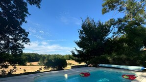 Piscina retangular com deck revestido, cercada por árvores e céu claro.