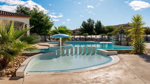 A swimming pool with a curved edge, surrounded by a concrete deck, palm trees, and a clear blue sky. - South-facing villa for 6 people with a garden and swimming pool (Homps)