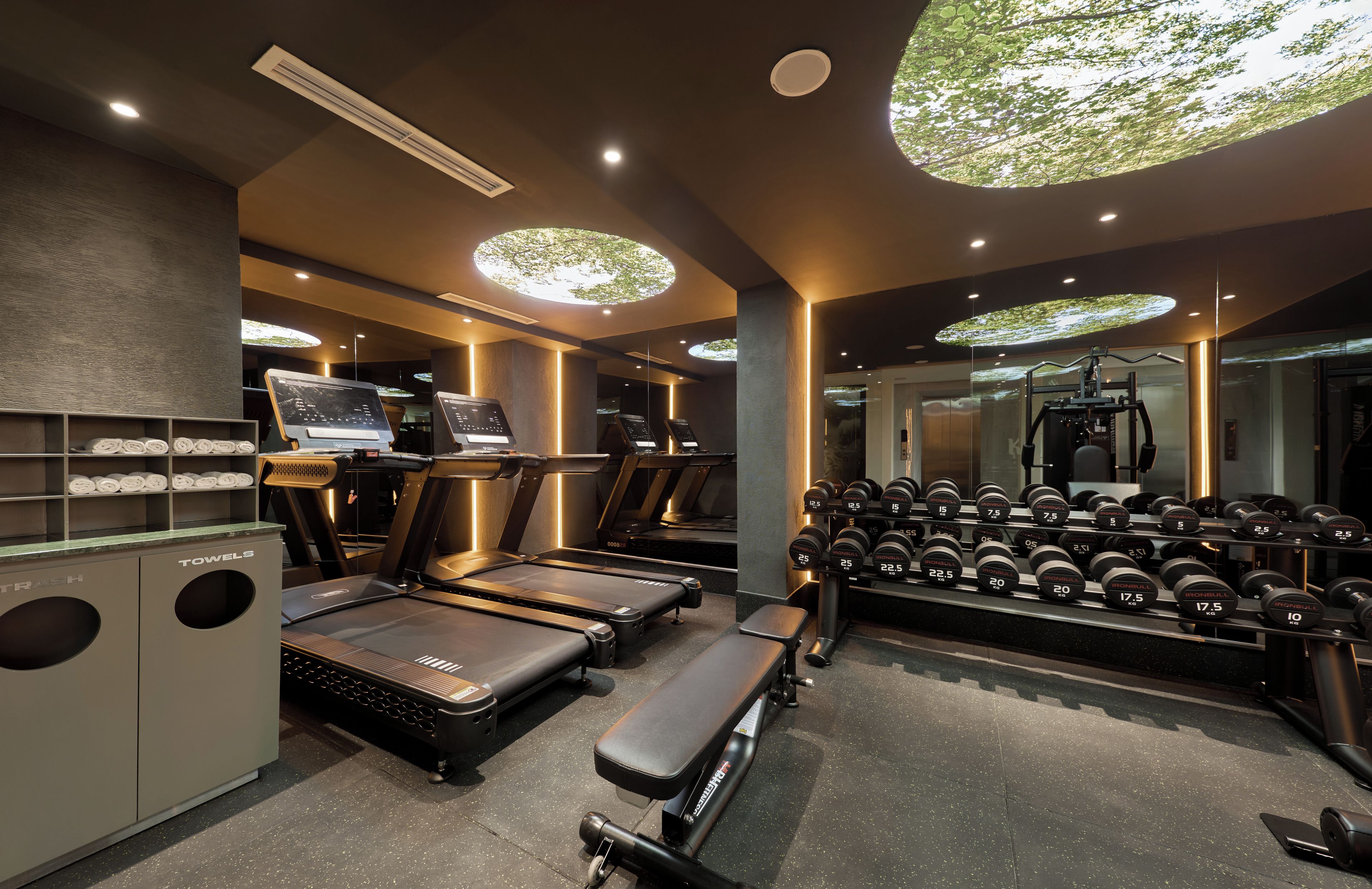 A gym with treadmills, dumbbells, and a bench.