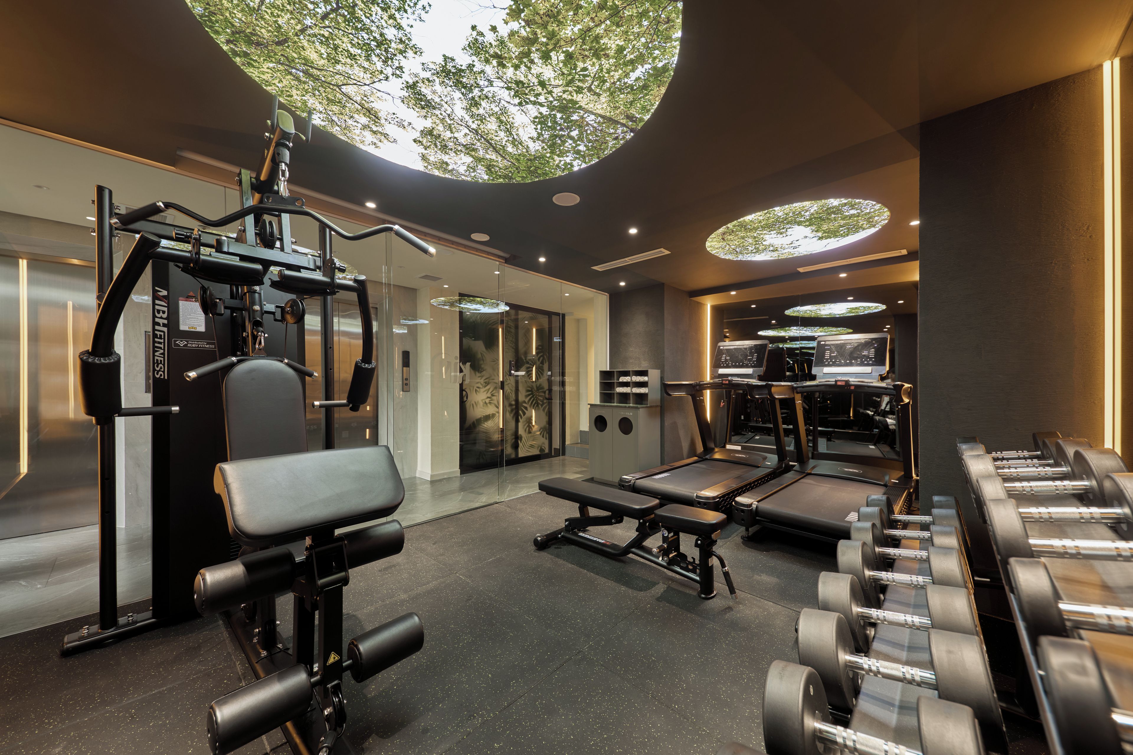 A modern gym with exercise equipment, benches, and dumbbells.