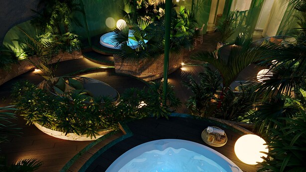 A hot tub surrounded by lush greenery and a pool area with a glass ceiling. - KiN Hotel Central Park (Ho Chi Minh City)