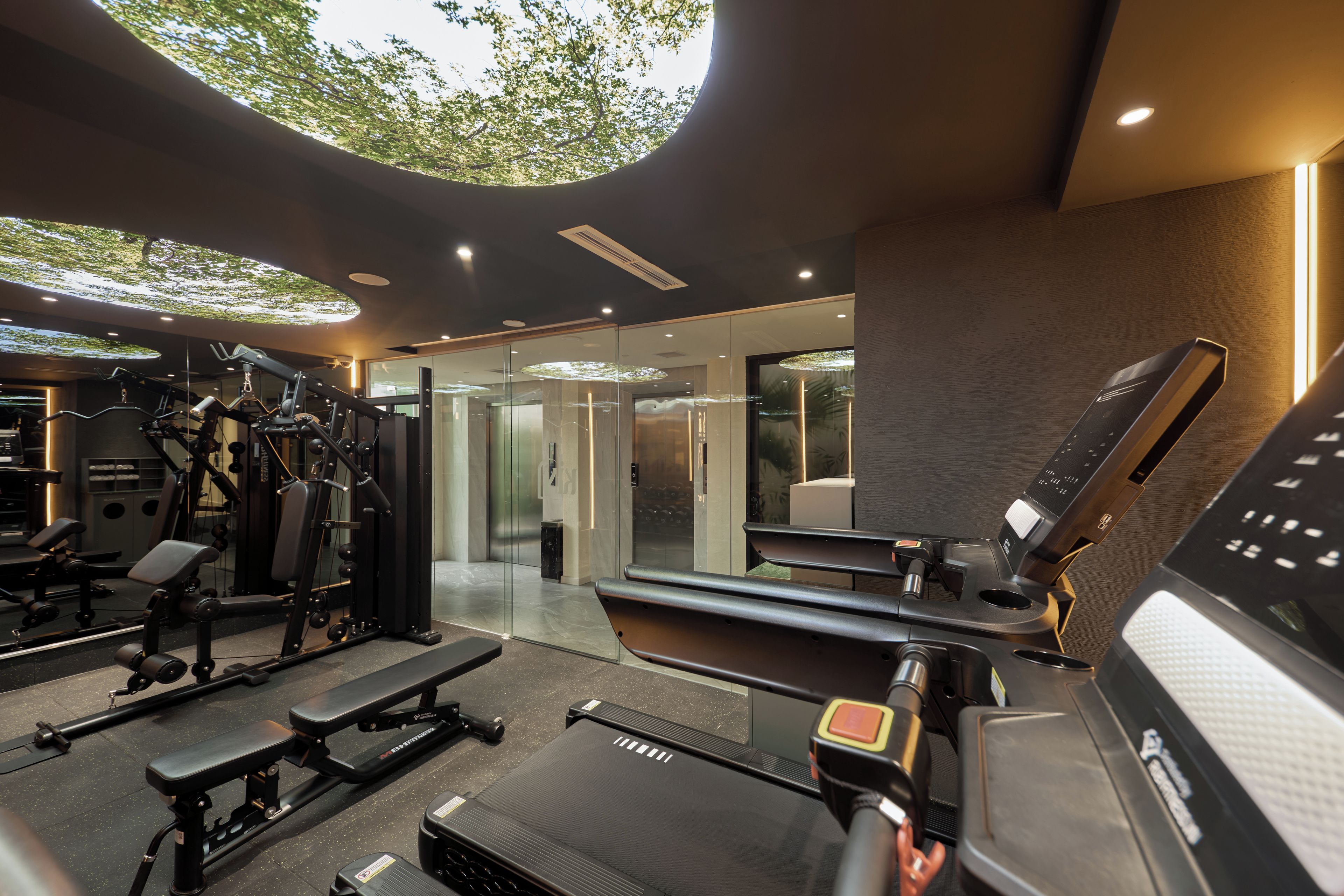A modern gym with various exercise equipment, a treadmill, and a bench.