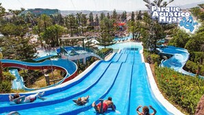 Un parc aquàtic amb diverses tobogans i piscines, envoltat de vegetació.