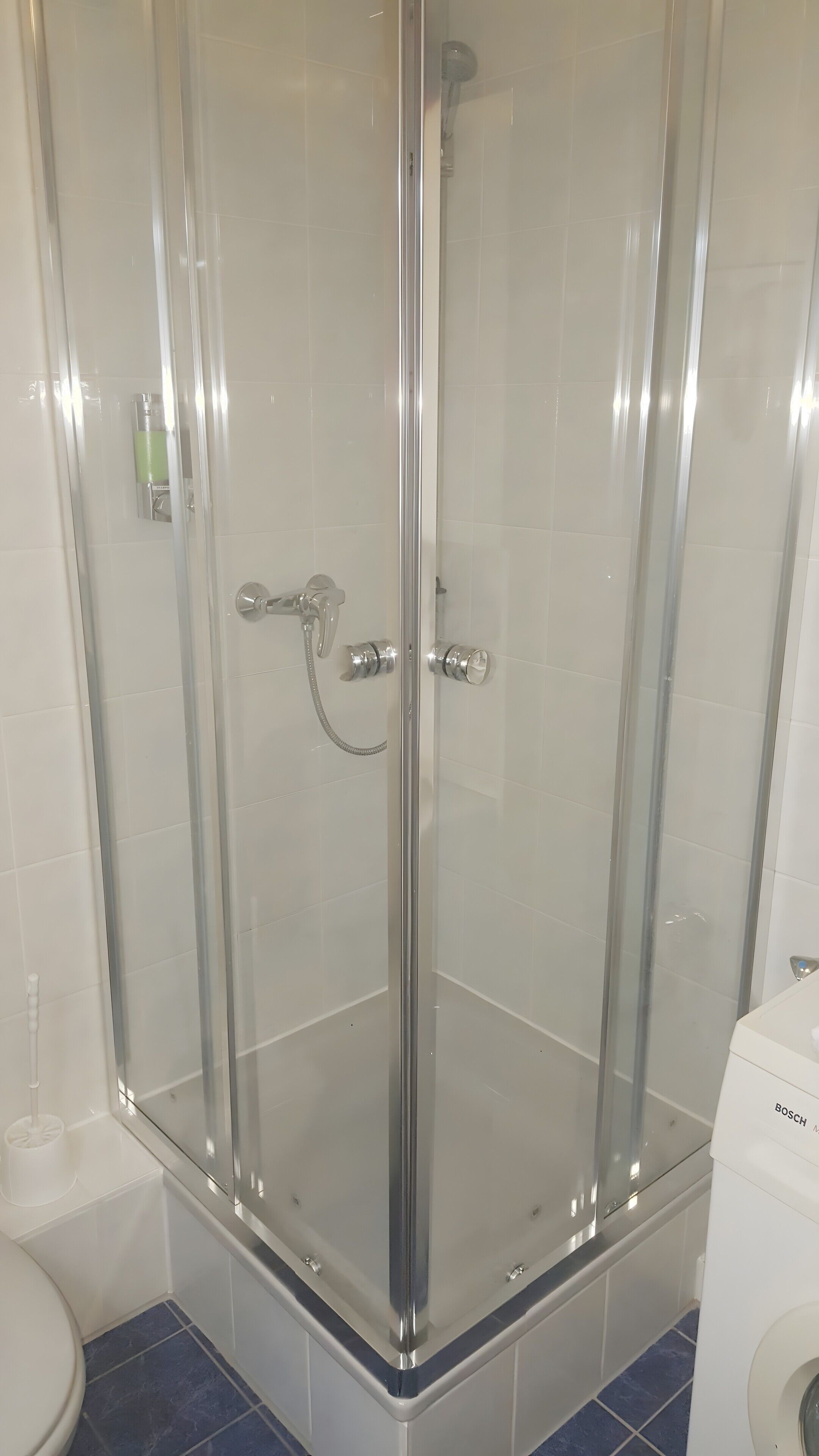 Une douche en verre avec un pommeau de douche amovible, des toilettes et un lave-linge situés dans un coin.