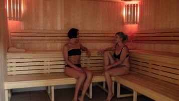 Sauna, hot tub, steam room, body scrubs, facials, massages