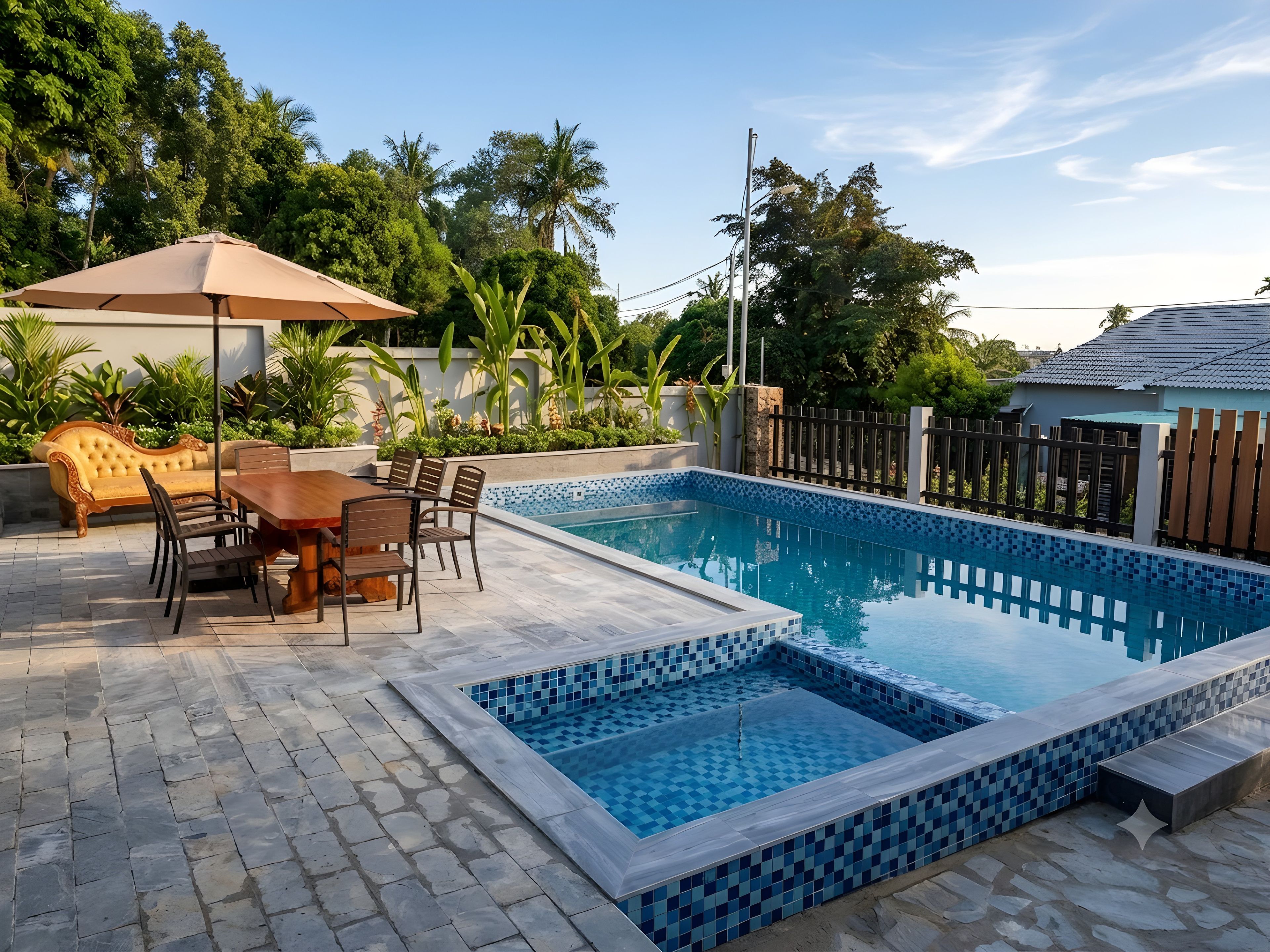 A swimming pool with a tiled edge, surrounded by a patio area with a table and chairs, and a cushioned sofa.