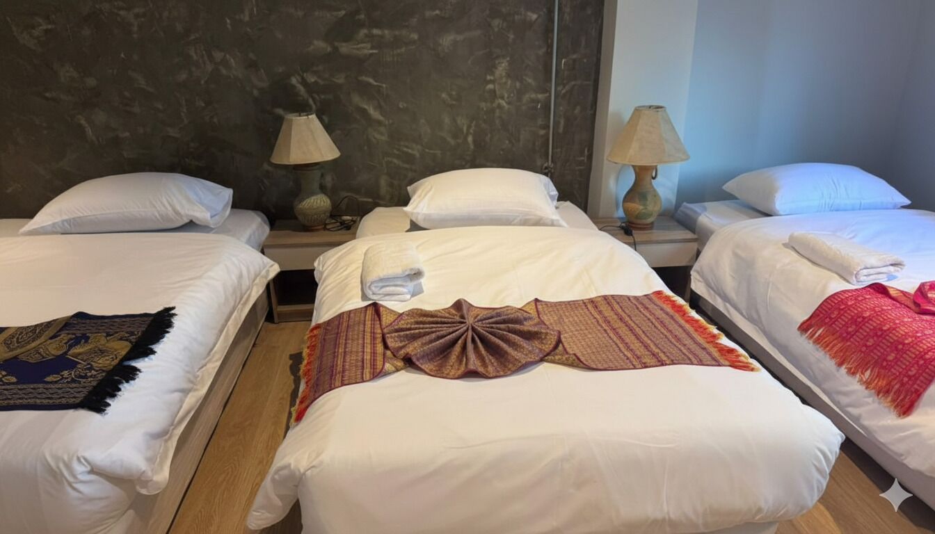 A hotel room with three single beds, each with white linens and a decorative throw blanket. There are two bedside lamps on wooden nightstands.