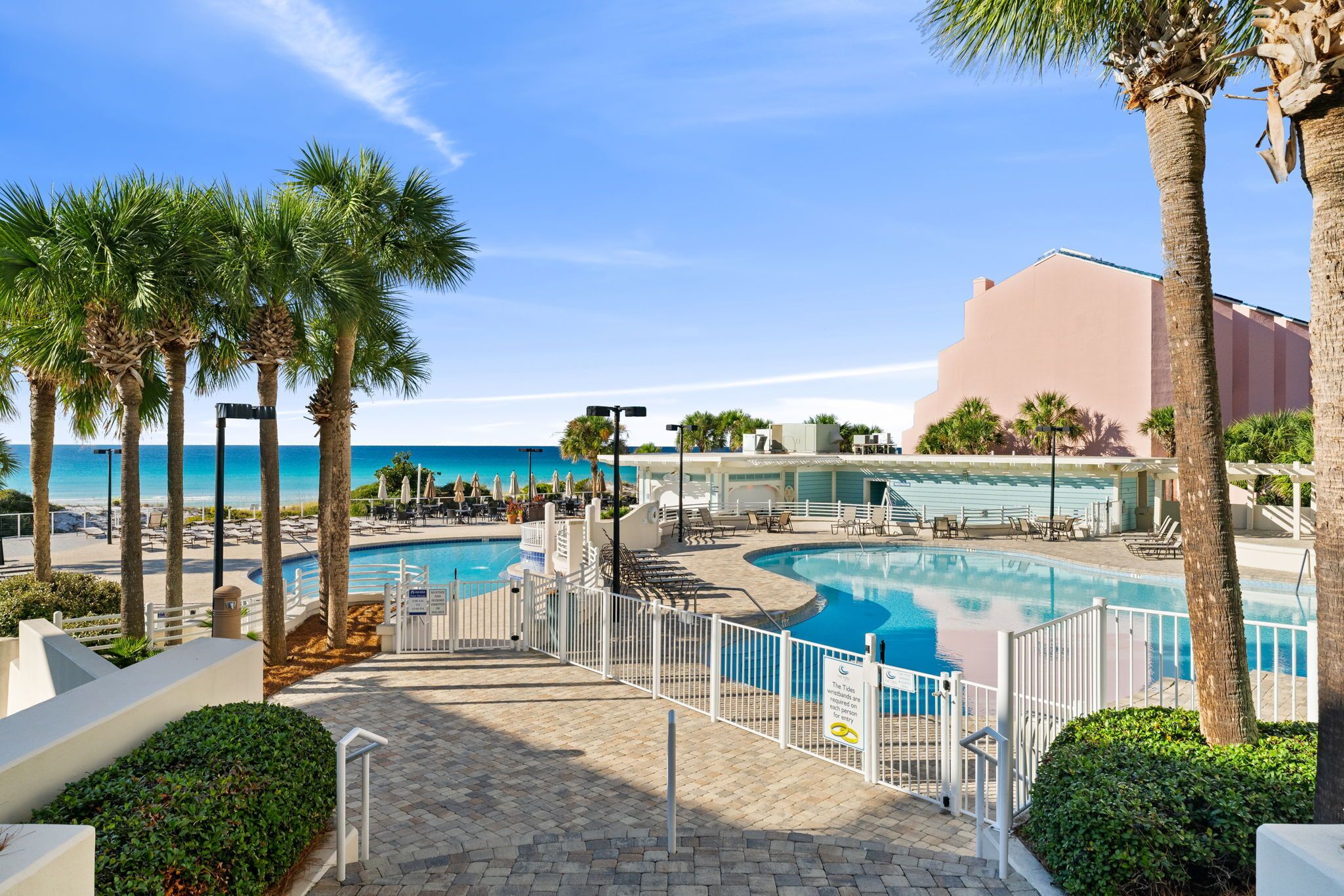 A resort pool area with palm trees, a pool, and a building in the background.