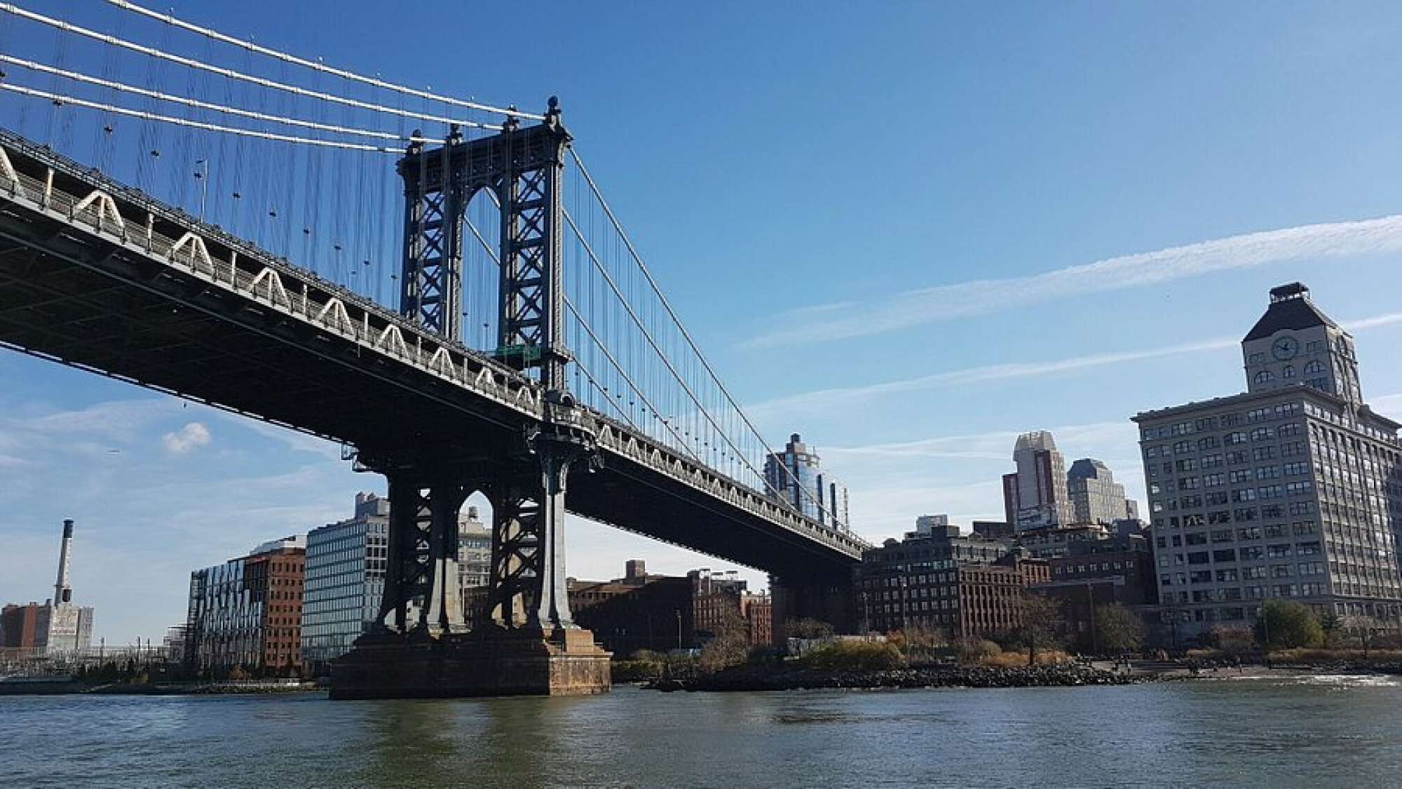 Un pont suspendu avec la silhouette d’une ville en arrière-plan.