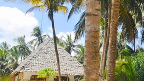 A two-story beach house with a thatched roof, surrounded by palm trees and a hammock. - Pangachumvi Beach Resort (Matemwe)