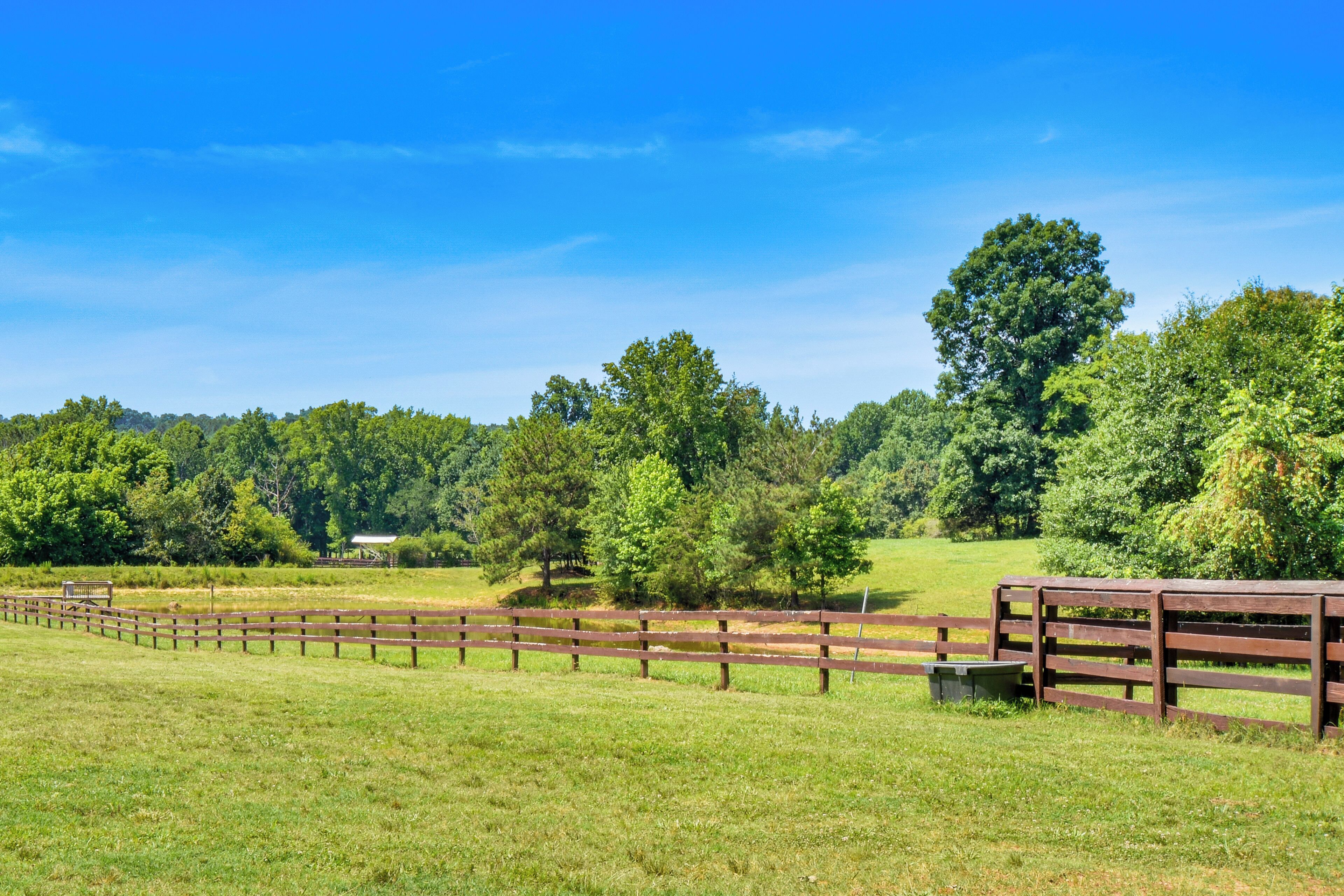 A fenced outdoor area with a wooden bench, trees, and a clear blue sky.
