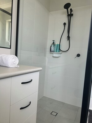 Hair dryer, towels, soap, toilet paper