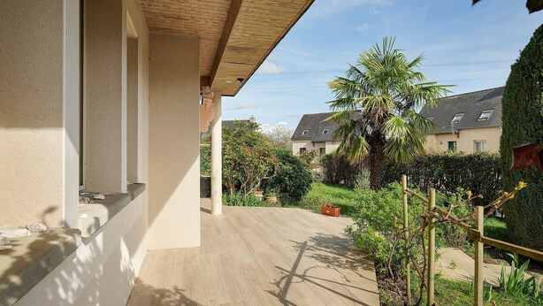 Un espace extérieur abrité, doté d’un sol en béton, d’une clôture en bois et d’un palmier.