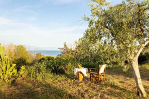 A dining table with a basket of fruit and a chair in a natural setting with a view of the sea. - Petalidi Sunny Home One - Charming Garden Nest (Messini)