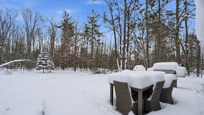 Zona exterior cubierta de nieve con una mesa y sillas, rodeada de árboles.