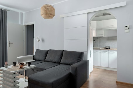 Televisión y oficina . Cozy Apartment in Torun | Desk to Work, Close to Park