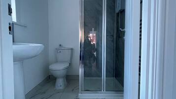 A bathroom with a toilet, a sink, and a glass-enclosed shower area.