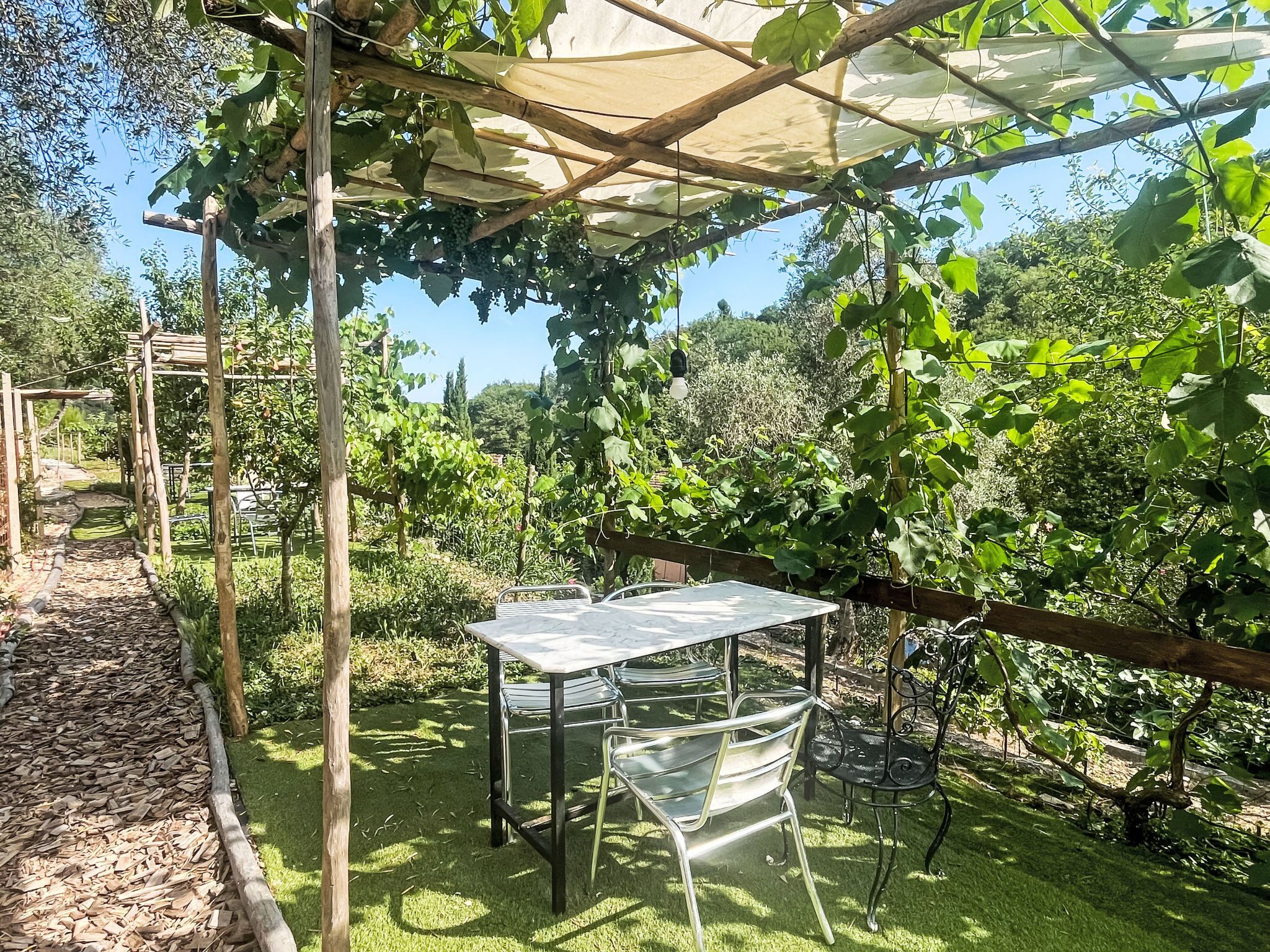 A covered outdoor seating area with a table and chairs, surrounded by greenery and a pergola structure.