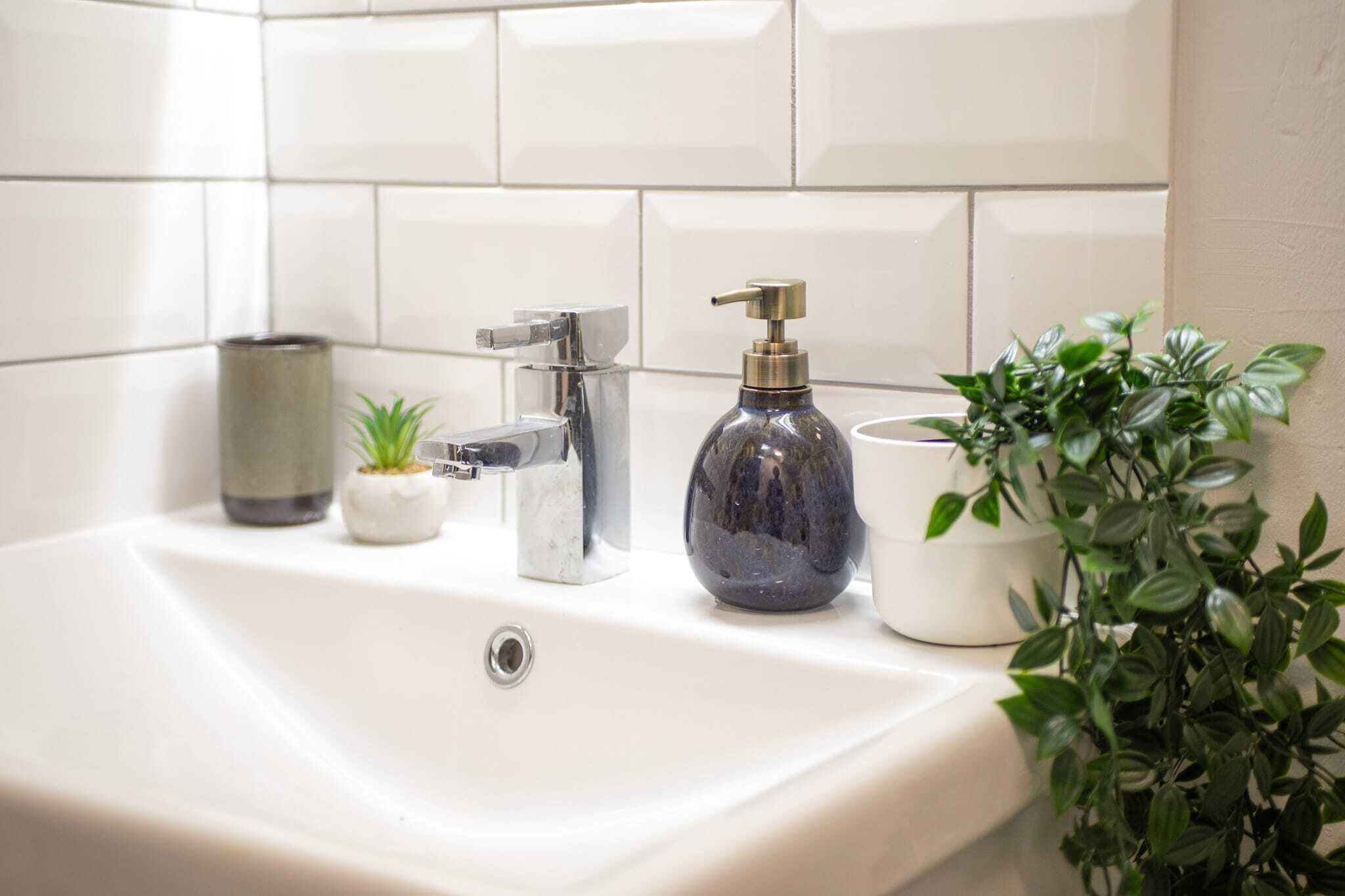 A bathroom sink with a modern faucet, a soap dispenser, a small potted plant, and a decorative vase.