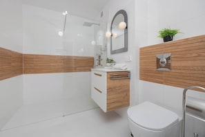 Dusche, Haartrockner, Handtücher, Shampoo