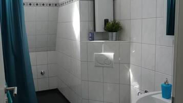 Shower, towels, toilet paper
