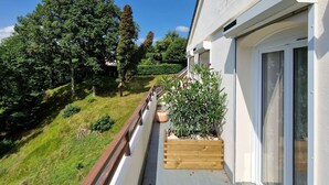 A balcony with a view of a grassy hillside and trees, a wooden planter with plants, and a white building with a brown railing. - guest room overlooking the town of Lourdes and splendid view of the Pyrenees (Lourdes)