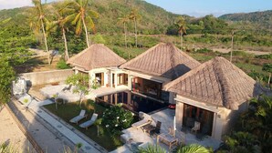 Un resort con villas de techo de paja, una piscina y abundante vegetación.