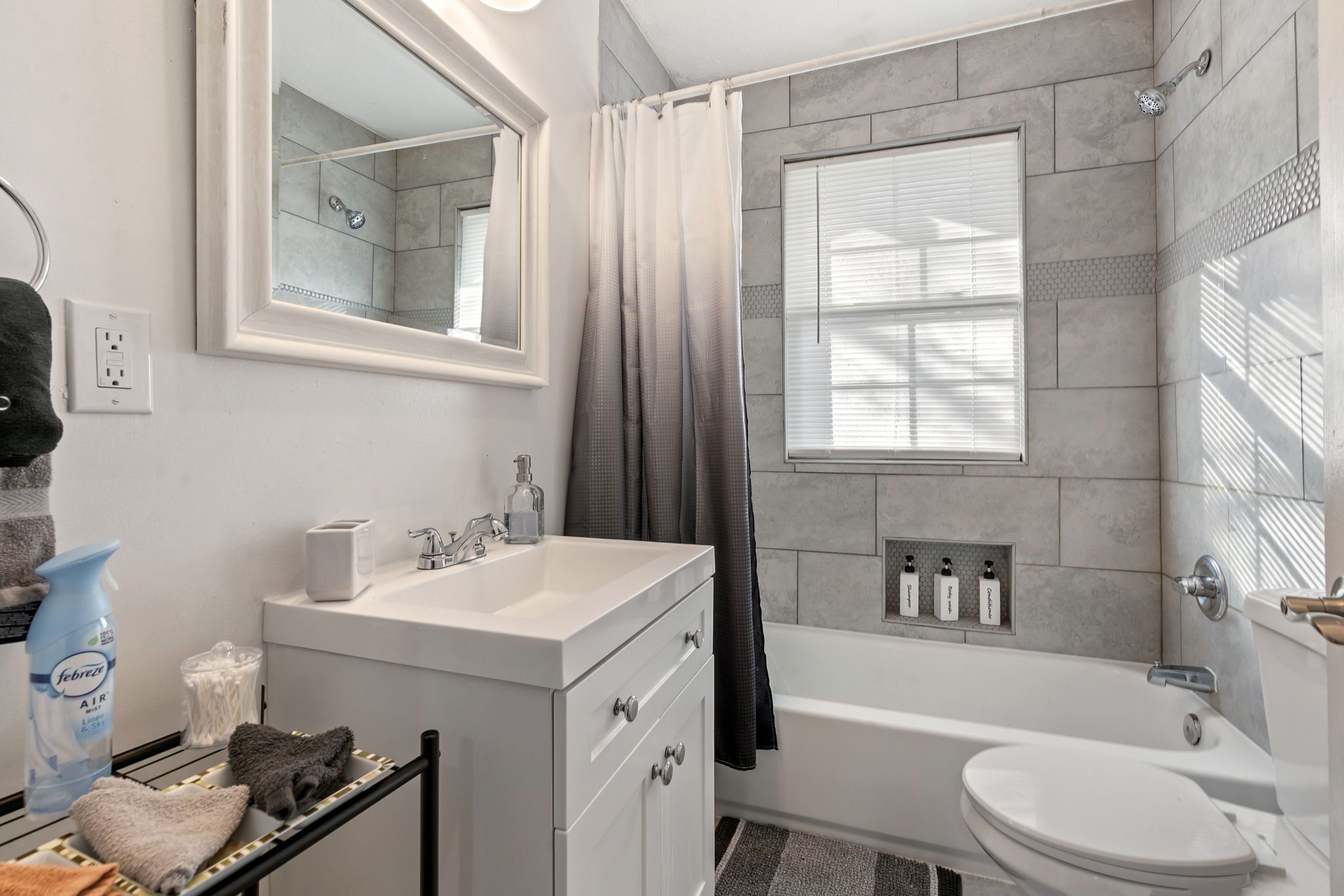 Hair dryer, towels, soap, shampoo