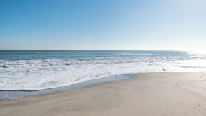 A beach with a bird on the sand and waves approaching the shore. - Luxury Beach Retreat Pool Walk to Beach Sleeps 12 (Melbourne Beach)