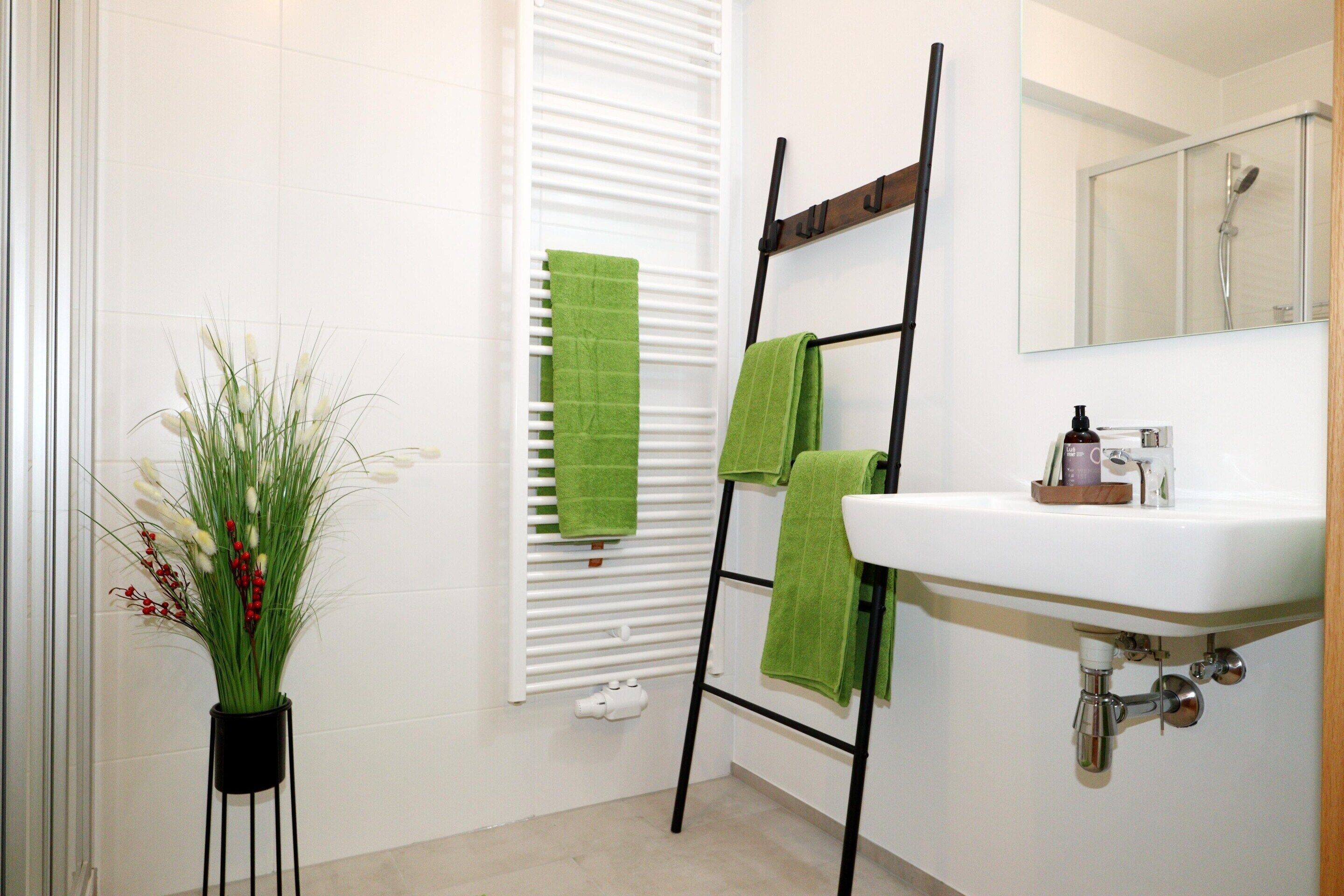 A bathroom with a white sink, a mirror, a towel rack, and a black ladder.