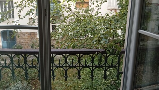 A view through a window with a metal balcony railing, a tree with green leaves, and buildings in the background. - Renting a room in a 2 room apartment (Paris)