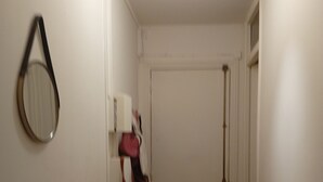 A narrow hallway with a wooden floor, a white door at the end, and a mirror on the left wall. - Renting a room in a 2 room apartment (Paris)