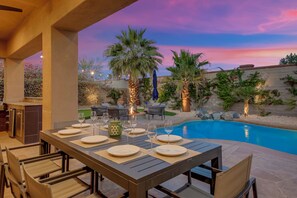 Outdoor dining - Stillwater Desert Escape: Resort-Style w/Heated Pool+Spa, Arcade, Golf, Casita (Indio)