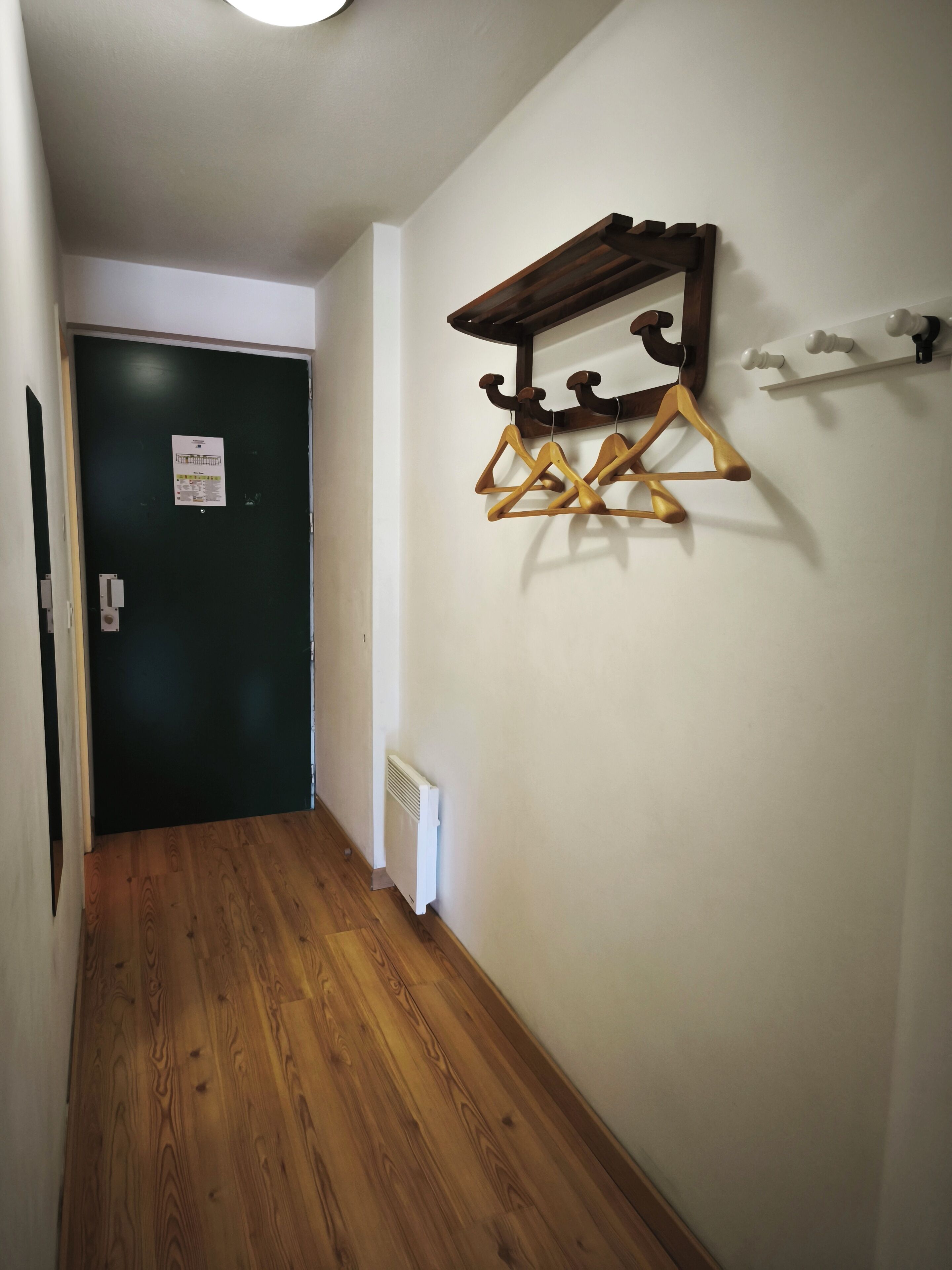 A hallway with wooden flooring, a dark green door, and a coat rack with wooden hangers.