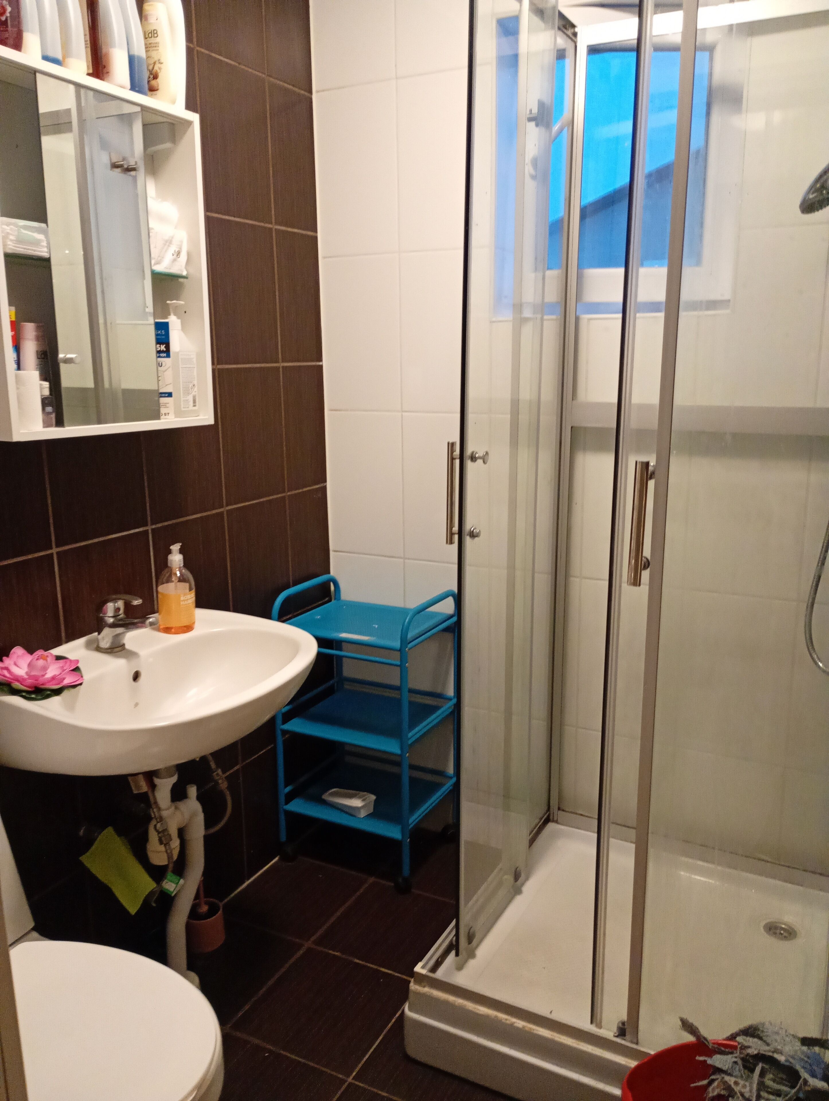 Shower, towels, soap, toilet paper